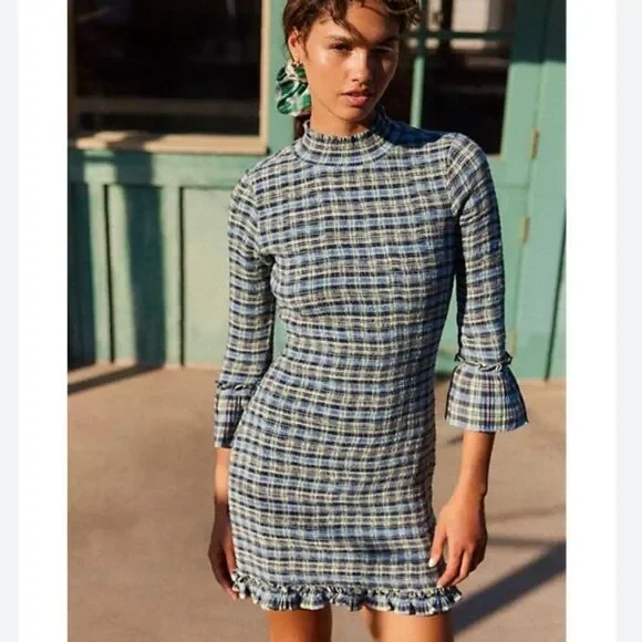 Free People Autumn Chill Plaid Mod Cotton Mini Dress in Light Sage - Picture 4 of 5